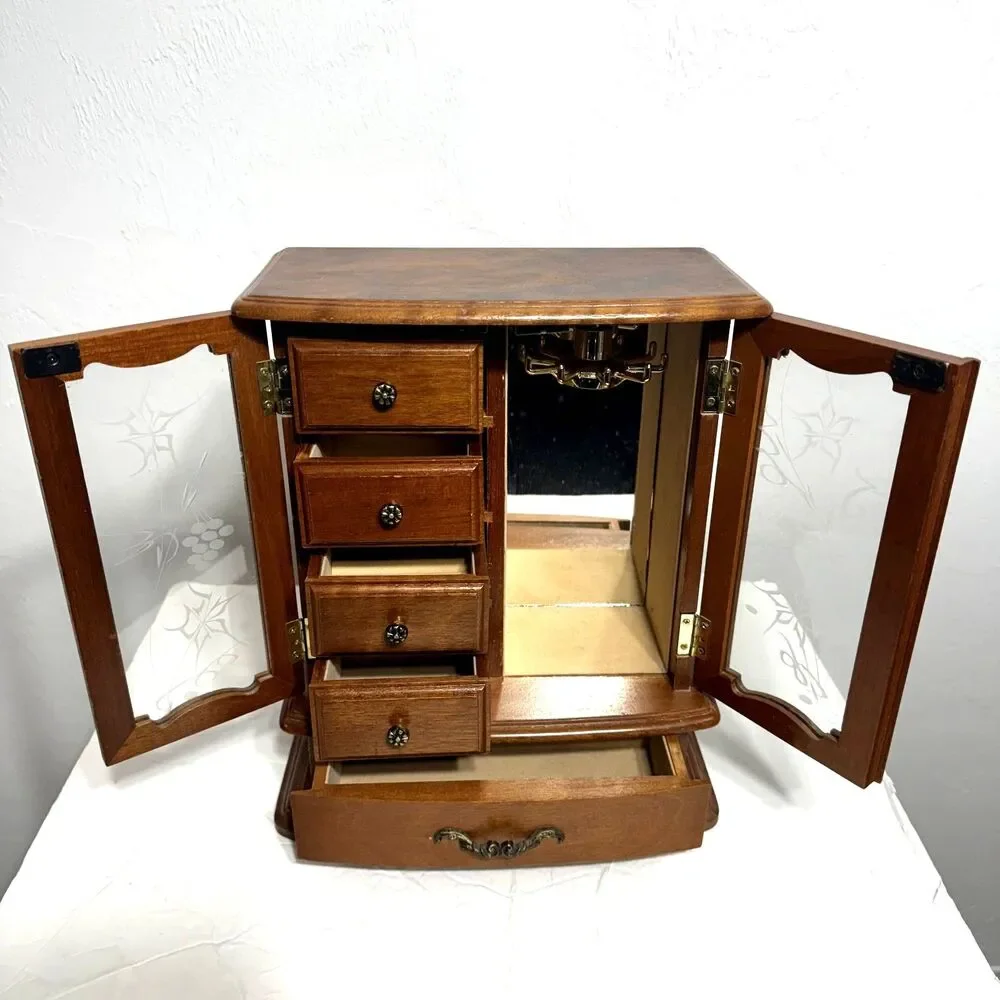 Vintage Jewelry Wood Music Box Etched Floral Glass Doors Mirror 5"x10"x12" - Picture 4 of 8